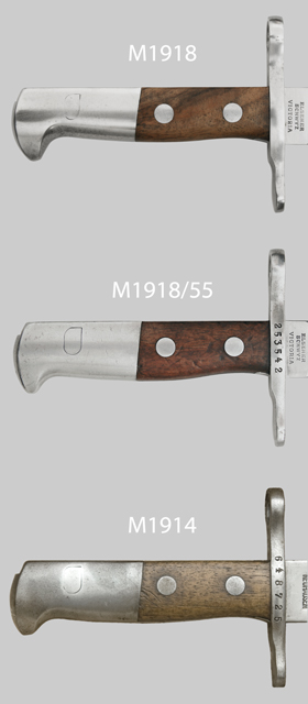 Image showing Swiss M1918, M1918/55, and M1914 hilt comparison.