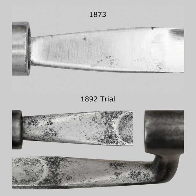 Comparison image showing Model 1892 Trials bayonet rounded blade shoulders vs. Model 1873.