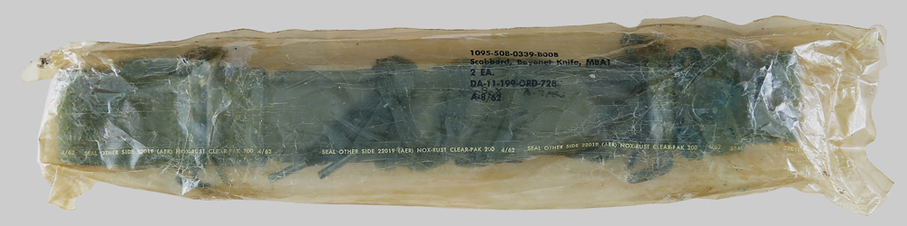 Image of sealed 1963-dated package containing two Viz manufacturing Co. M8A1 Scabbards.