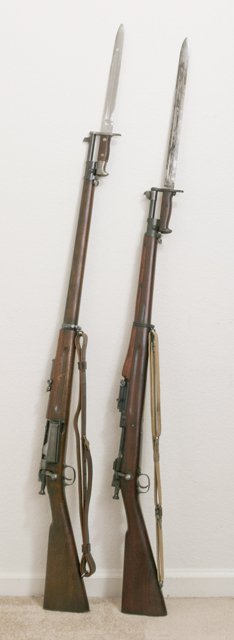 Image of two rifles with bayonets, showing how bayonet length varies to provide adequate reach.